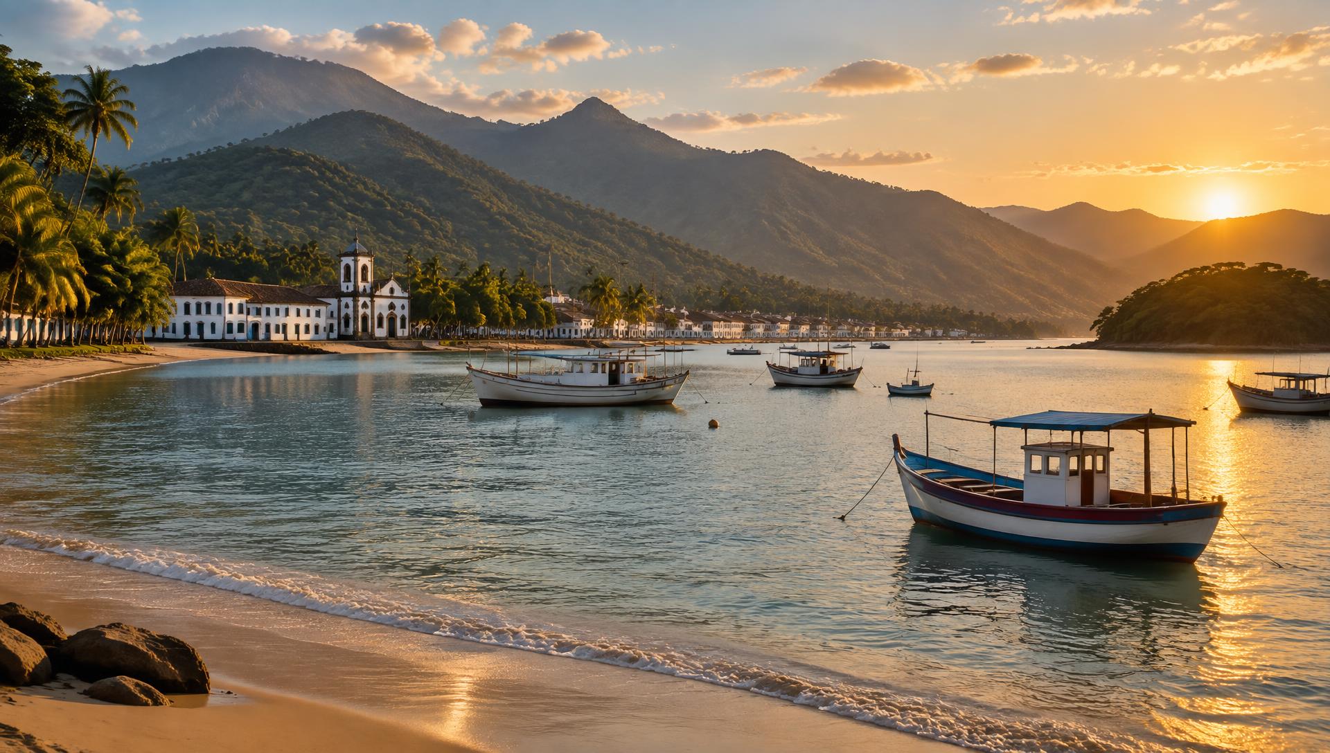 Praia do Pontal em Paraty ao amanhecer, com barcos ancorados e a serra ao fundo